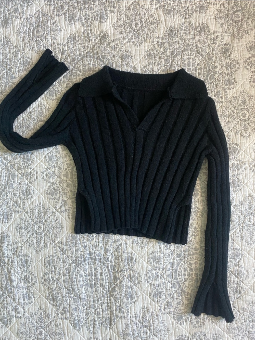Ribbed Black V‑Neck Polo Sweater for Women